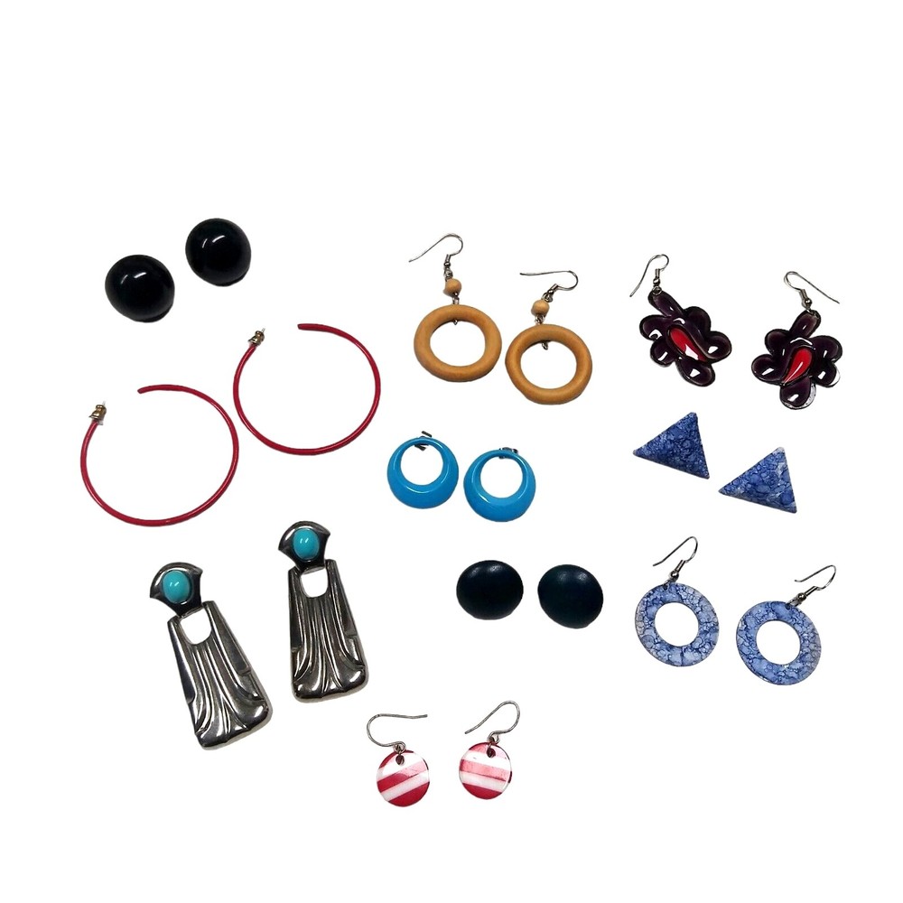 Vintage 80s Earrings 10 Pairs Enamel Metal Plastic Red Blue Wood Hoop Black
